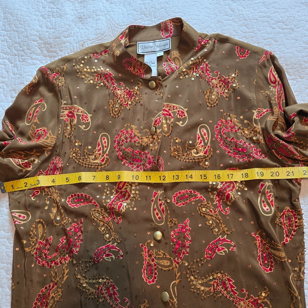 Diane Gilman Tunic Women Large Brown Silk Paisley Sequin Long Blouse - Picture 2 of 9